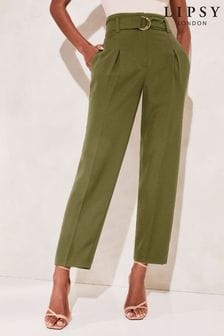 Khaki Green - Lipsy Tapered Belted Smart Trousers (K62708) | kr680