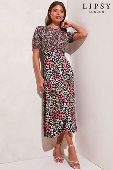 Lipsy Black Ditsy Jersey Puff Short Sleeve Underbust Summer Midi Dress (K62729) | 69 €