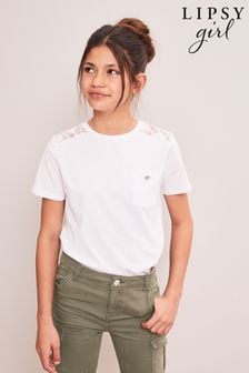 Lipsy White Lace Diamonte Button T-Shirt (K62737) | $22 - $32