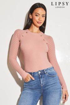 Lipsy Pink Pointelle Sleeve Button Shoulder Knitted Jumper (K62777) | 112 zł