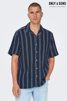 Only & Sons Navy Blue and White Woven Textured Short Sleeve Shirt (K62920) | $66