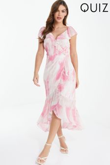 Quiz Pink & White Brush Stroke Chiffon Frill Midaxi Dress (K62923) | 127 zł
