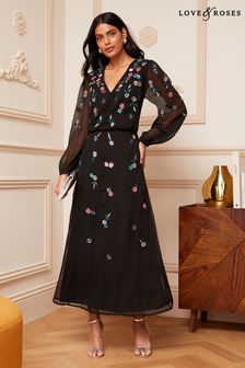 Love & Roses Black Embellished V Neck Sheer Long Sleeve Midi Dress (K63062) | 207 €