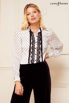 Love & Roses Ivory White and Black Tie Neck Trim Long Sleeve Blouse (K63086) | 174 SAR