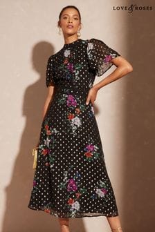 Love & Roses Black Floral Petite Metallic Printed High Neck Flutter Sleeve Midi Dress (K63140) | €40