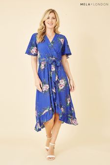 Mela Blue Floral Dip Hem Wrap Midi Dress (K63191) | €25