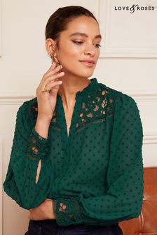 Love & Roses Green Lace Yoke Ruffle Neck Button Through Blouse (K63224) | €24