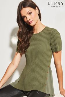 Lipsy Khaki Green Ribbed Studded Mix Knitted T-Shirt (K63232) | 16,290 Ft