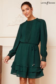 Love & Roses Green Printed Belted Long Sleeve Skater Dress (K63274) | kr850