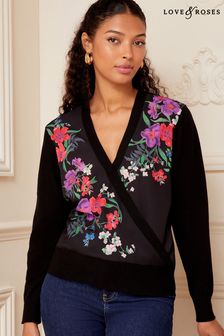 Črna cvetlična - Love & Roses potiskan ovit pulover (K63285) | €24