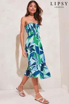 Lipsy Blue Tropical Bandeau Shirred Ruffle Tiered Dress (K63384) | €20