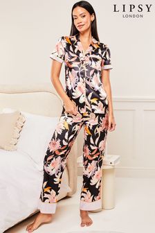 Lipsy Black Floral Satin Short Sleeve Pyjamas (K63557) | ₪ 127