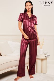Lipsy Berry Red Jacquard Stripe Satin Short Sleeve Shirt and Trousers Pyjamas (K63561) | INR 5,305