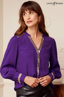Love & Roses Purple and Gold Sequin V Neck Long Sleeve Blouse (K63756) | €22