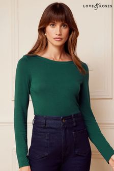 Love & Roses Green Woven Trim Boat Neck Jersey Long Sleeve Top (K63805) | ₪ 102
