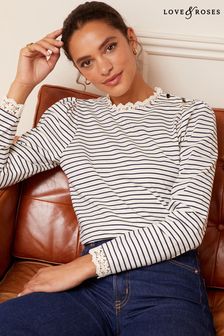 Love & Roses White and Blue Stripe Lace Trim Long Sleeve Jersey Top (K63809) | CA$79
