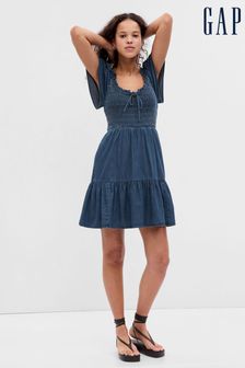 Gap Blue Flutter Sleeve Smocked Denim Mini Dress (K64086) | €37