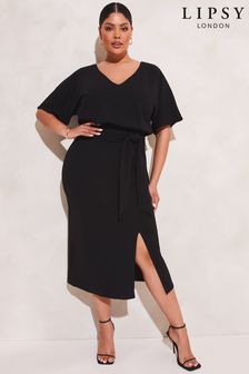 Lipsy Black Curve V Neck Flutter Sleeve Belted Midi Dress (K64260) | €50