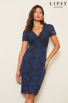 Lipsy Blue Petite Short Sleeve V Neck Lace Bodycon Dress (K64269) | 57 €