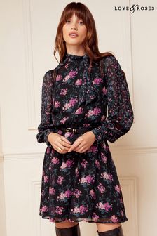 Love & Roses Black Floral Tie High Neck Printed Long Sleeve Belted Mini Dress (K64435) | €29