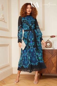 V&A | Love & Roses Black and Blue Print Ruffle Neck Pleated Long Sleeve Midi Dress (K64441) | TRY 1.530