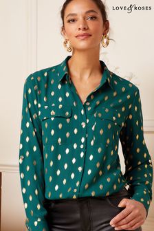 Love & Roses Teal Blue Green Metallic Petite Patch Pocket Button Through Shirt (K64444) | 29 €