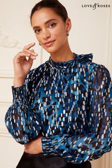 Love & Roses Blue Print Petite Long Sleeve Tie Neck Shirred Cuff Blouse (K64449) | €24