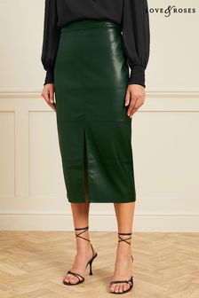 Love & Roses Forest Green Faux Leather Split Front Midi Skirt (K64468) | OMR22