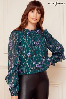 Love & Roses Teal Blue Floral Long Ruffle Sleeve High Neck Blouse (K64479) | 17,200 Ft