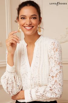 Ivory White - Love & Roses Lace Long Sleeve Button Front V Neck Blouse (K64487) | kr730