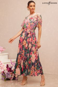 V&A | Love & Roses Pink Floral Petite Placement Printed Tulip Sleeve Belted Pleated Midi Dress (K64497) | €47