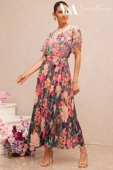 Pembe Çiçekli - V&a | Love & Roses Yerleştirme Baskılı Lale Kollu Kuşaklı Pileli Midi Elbise (K64504) | ₺ 1,530
