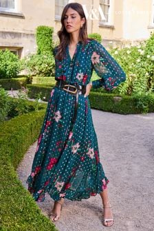 V&A | Love & Roses Teal Floral Frill Tie Neck Lace Trim Belted Long Sleeve Midi Dress (K64505) | SGD 140