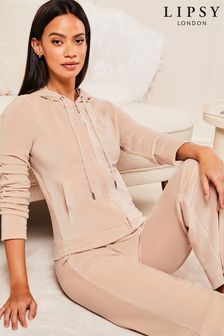 Lipsy Blush Pink Embroidered Patch Velour Zip Up Hoodie (K64796) | AED70