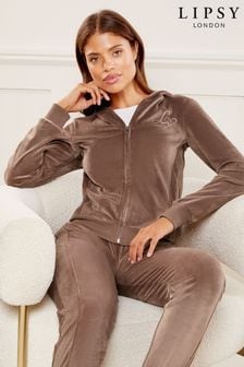 Camel - Lipsy Embroidered Patch Velour Zip Up Hoodie (K64802) | kr460