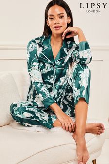 Lipsy Teal Blue Green Floral Printed Satin Long Sleeve Pyjamas (K64814) | OMR18