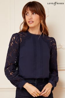 Love & Roses Navy Blue Tie Back Long Sleeve Lace Blouse (K64850) | AED222