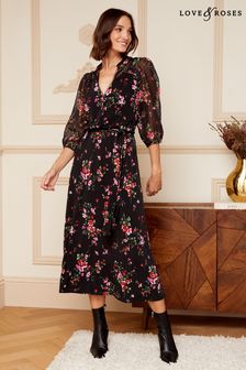 Love & Roses Black Floral Jersey Dobby Mix V Neck 3/4 Sleeve Midi Dress (K65077) | €34