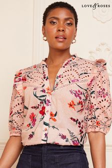 Телесный с цветочным принтом - Блузка с V-образным вырезом и пышными рукавами и вышивкой ришелье Love & Roses (K65093) | €25