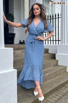 Girl In Mind Dusty Blue Samantha Chiffon Metallic Frill Short Sleeve Midi Dress (K65101) | €32