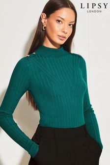 Lipsy Teal Blue Long Sleeve Turtle Neck Button Detail Knitted Jumper (K65115) | $49