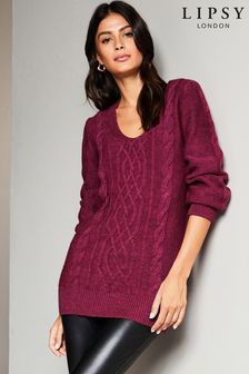 Lipsy Berry Red Longline Scoop Neck Cable Knitted Jumper (K65132) | €21