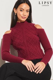 Lipsy Berry Red Could Shoulder Cable Knitted Jumper (K65135) | 28 €