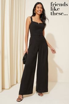 Friends Like These Black Petite Twill Strappy Belted Wide Leg Jumpsuit (K65146) | $93