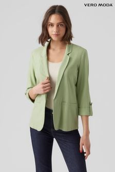 Pastel Green - Vero Moda Ruched Sleeve Blazer Contains Linen (K65173) | kr640