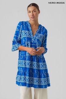 VERO MODA Bright Blue Printed V Neck Tunic Beach Dress (K65177) | €23