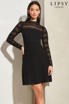 Lipsy Black Lace Fit and Flare Long Sleeve Knitted Dress (K65305) | $89