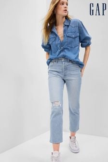 Gap Light Wash Blue High Waisted Ripped Straight Jeans with Washwell (K65330) | kr779