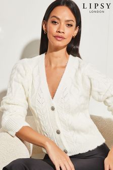 Lipsy Ivory White Petite Cropped Cable Knit Button Through Cardigan (K65376) | €21.50
