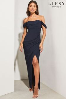 Lipsy Navy Bardot Split Drape Maxi Dress (K65505) | 65 €